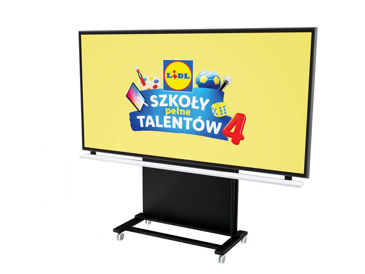 Ekran z logo Lidl i napisem 'Szkoły pełne talentów 4' oraz grafikami symbolizującymi talenty.