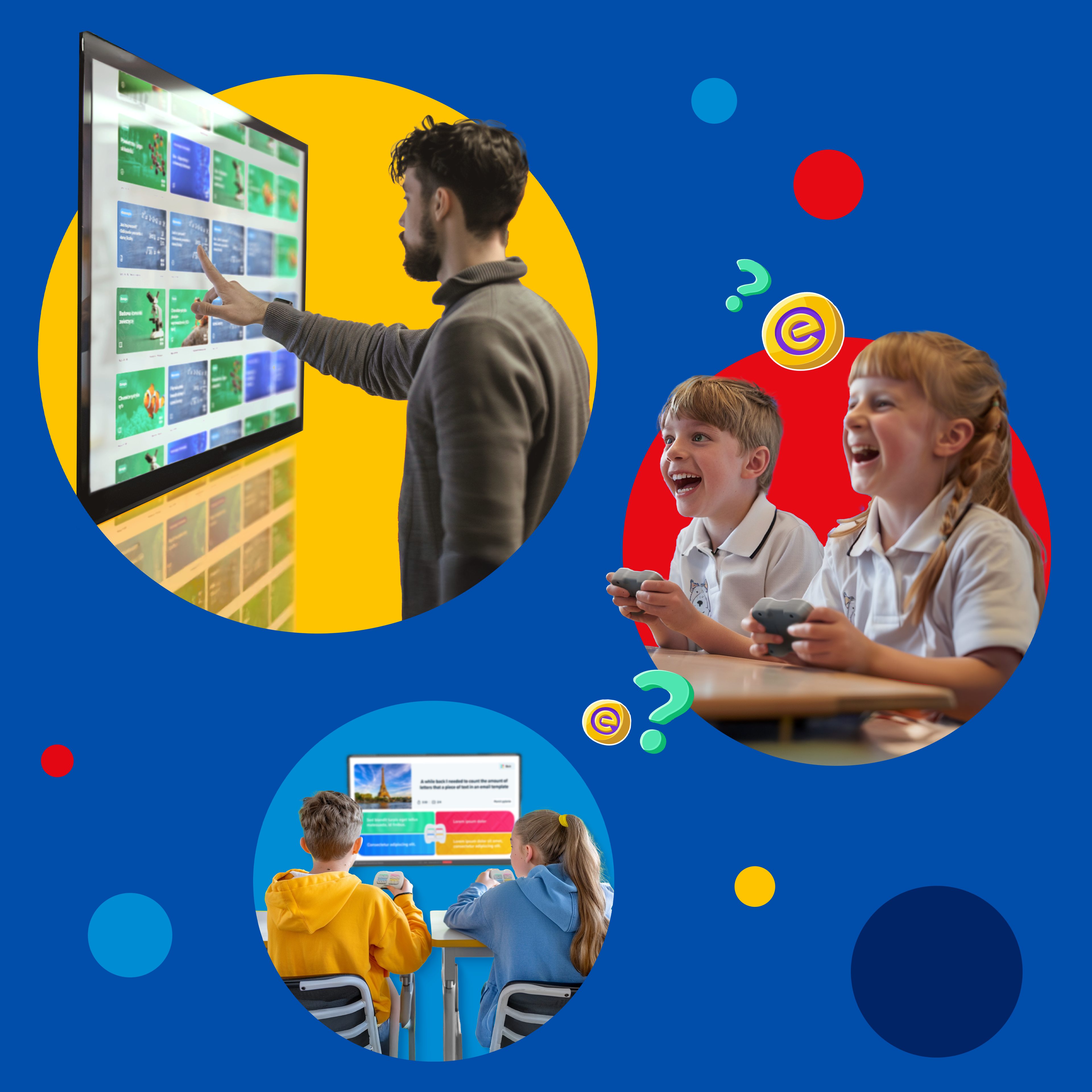 Nauczyciel i uczniowie korzystający z interaktywnych ekranów i urządzeń do nauki.