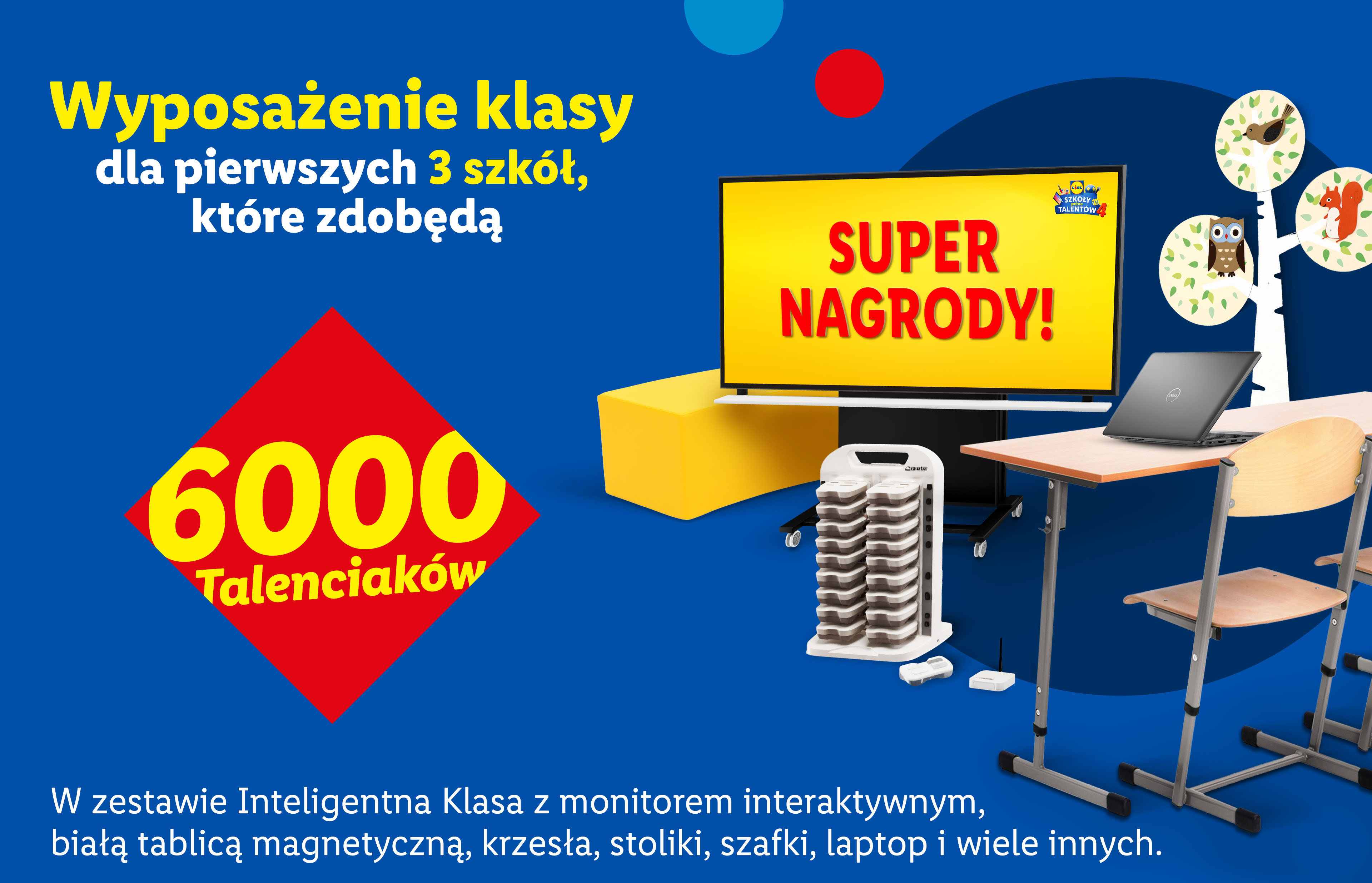Wyposażenie klasy z interaktywnym monitorem, laptopem i meblami szkolnymi, z napisem „SUPER NAGRODY!”