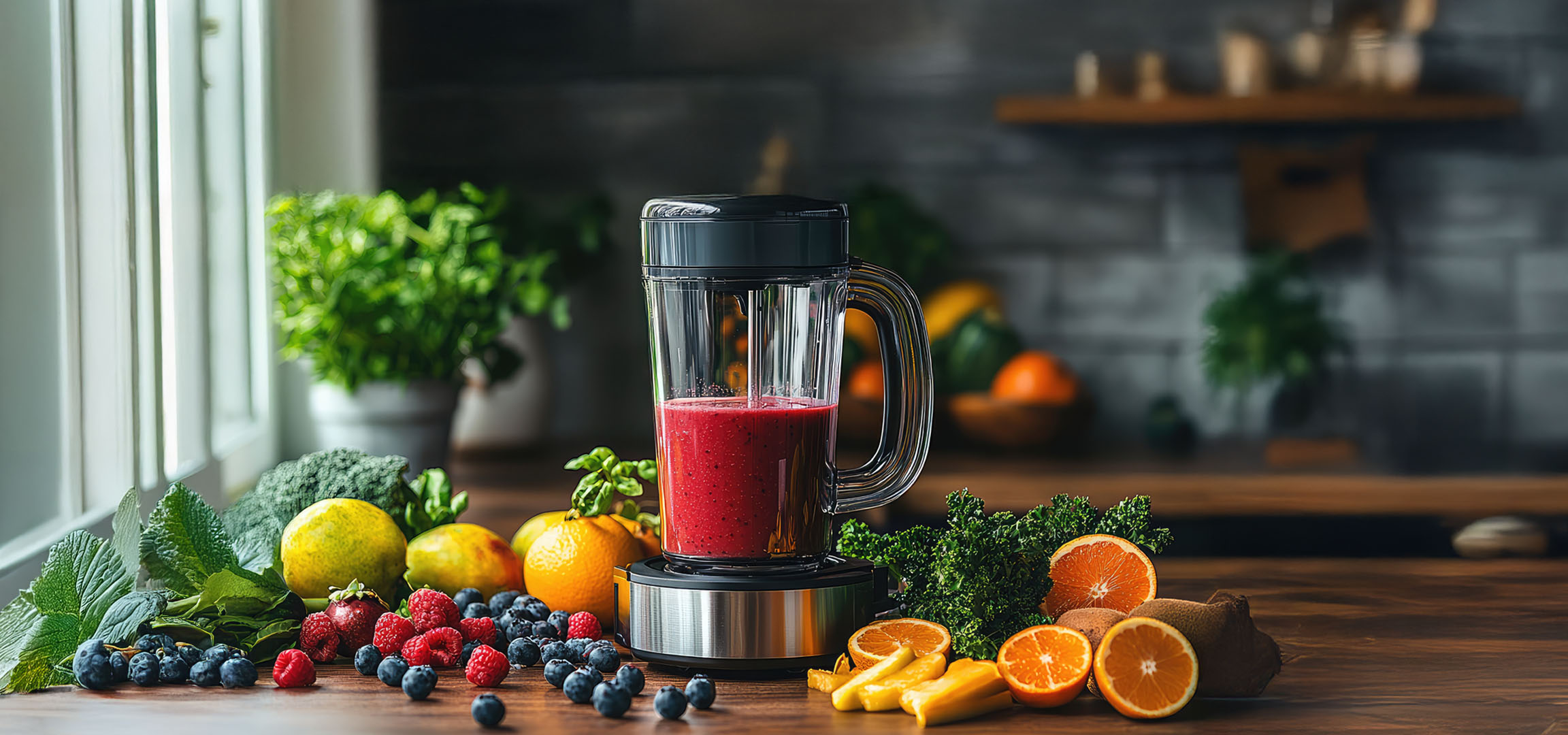Blender z owocami i warzywami.