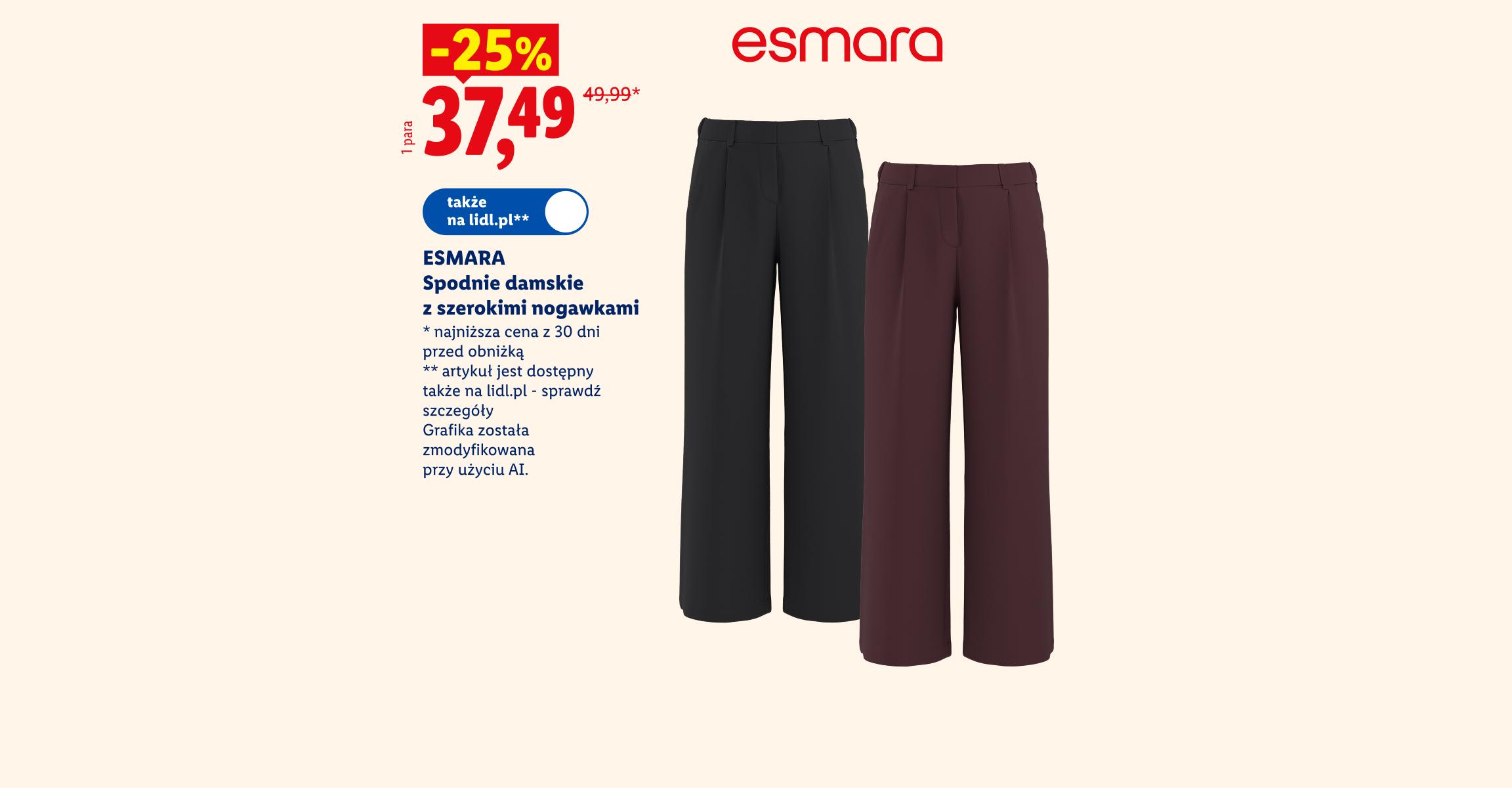 Jeszcze więcej oszczędności. To się opłaca. ESMARA Spodnie damskie z szerokimi nogawkami 25% taniej, w cenie 37,49. Najniższa cena z 30 dni przed obniżką 49,99. Także na lidl.pl
