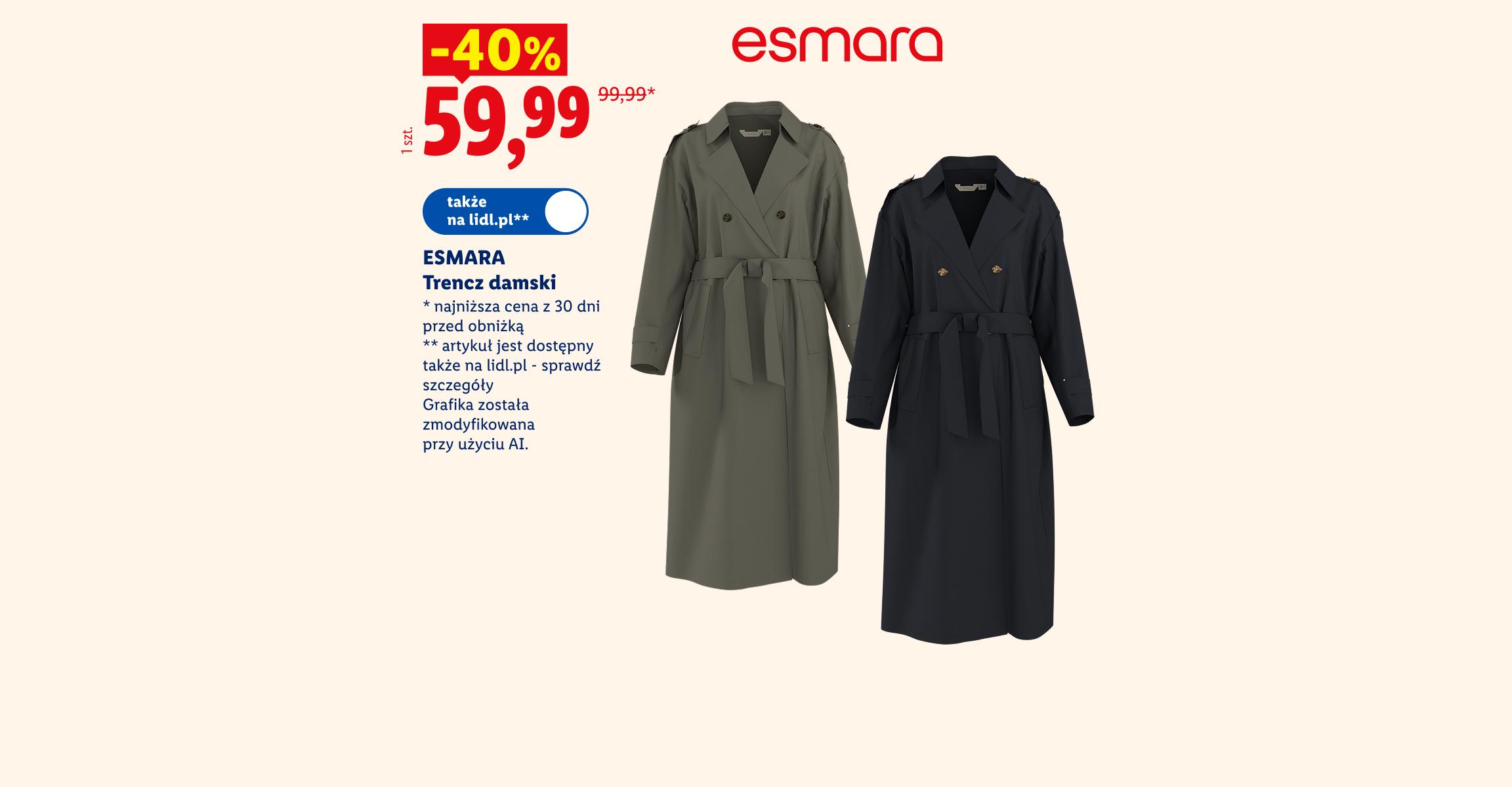 Jeszcze więcej oszczędności. To się opłaca. ESMARA Trencz damski 40% taniej, w cenie 59,99. Najniższa cena z 30 dni przed obniżką 99,99. Także na lidl.pl