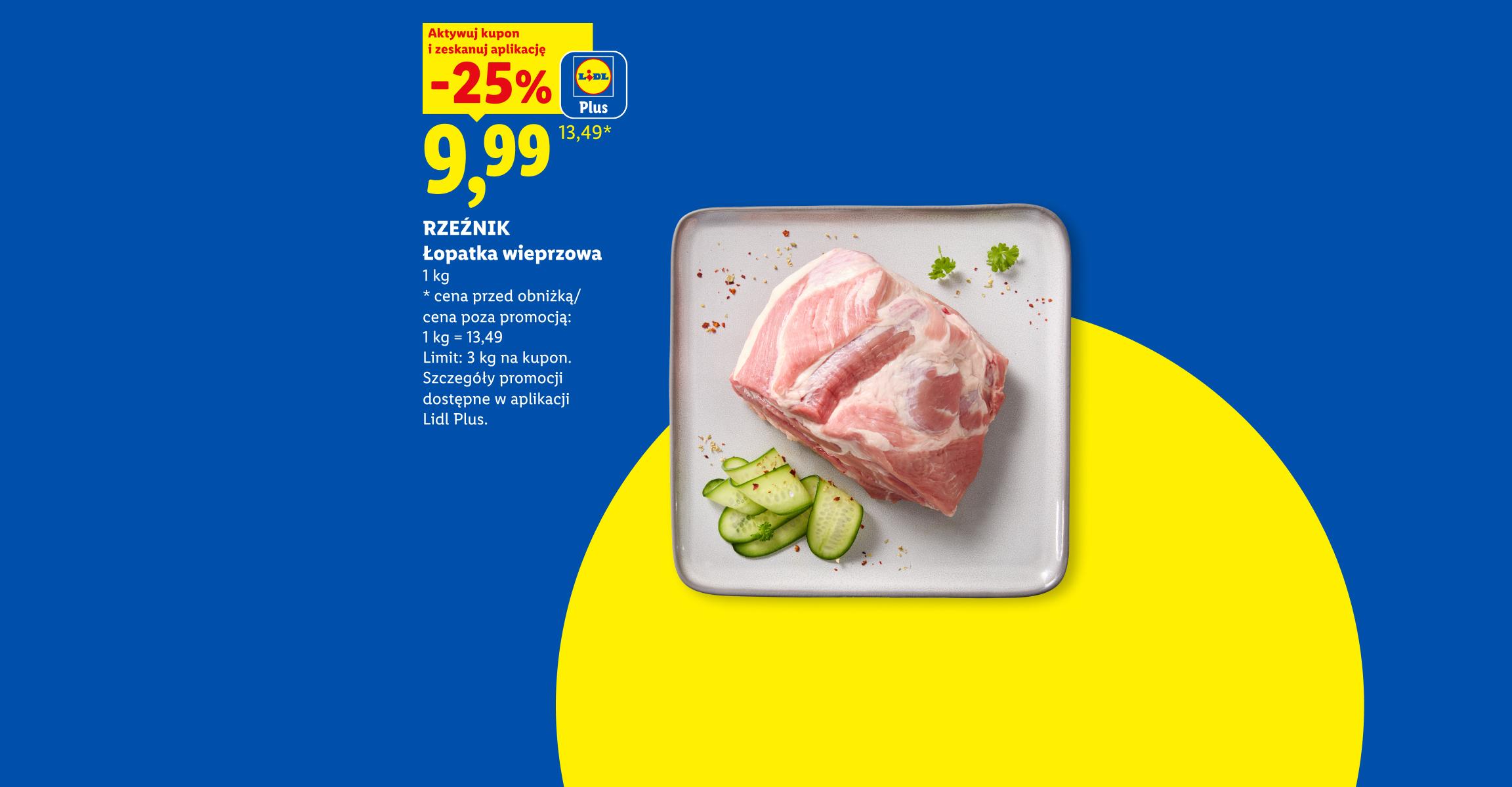 Z kuponem Lidl Plus Rzeźnik Łopatka wieprzowa -25%, 9,99/kg. Cena przed obniżką/poza promocją: 13,49/kg. Limit: 3 kg na kupon.