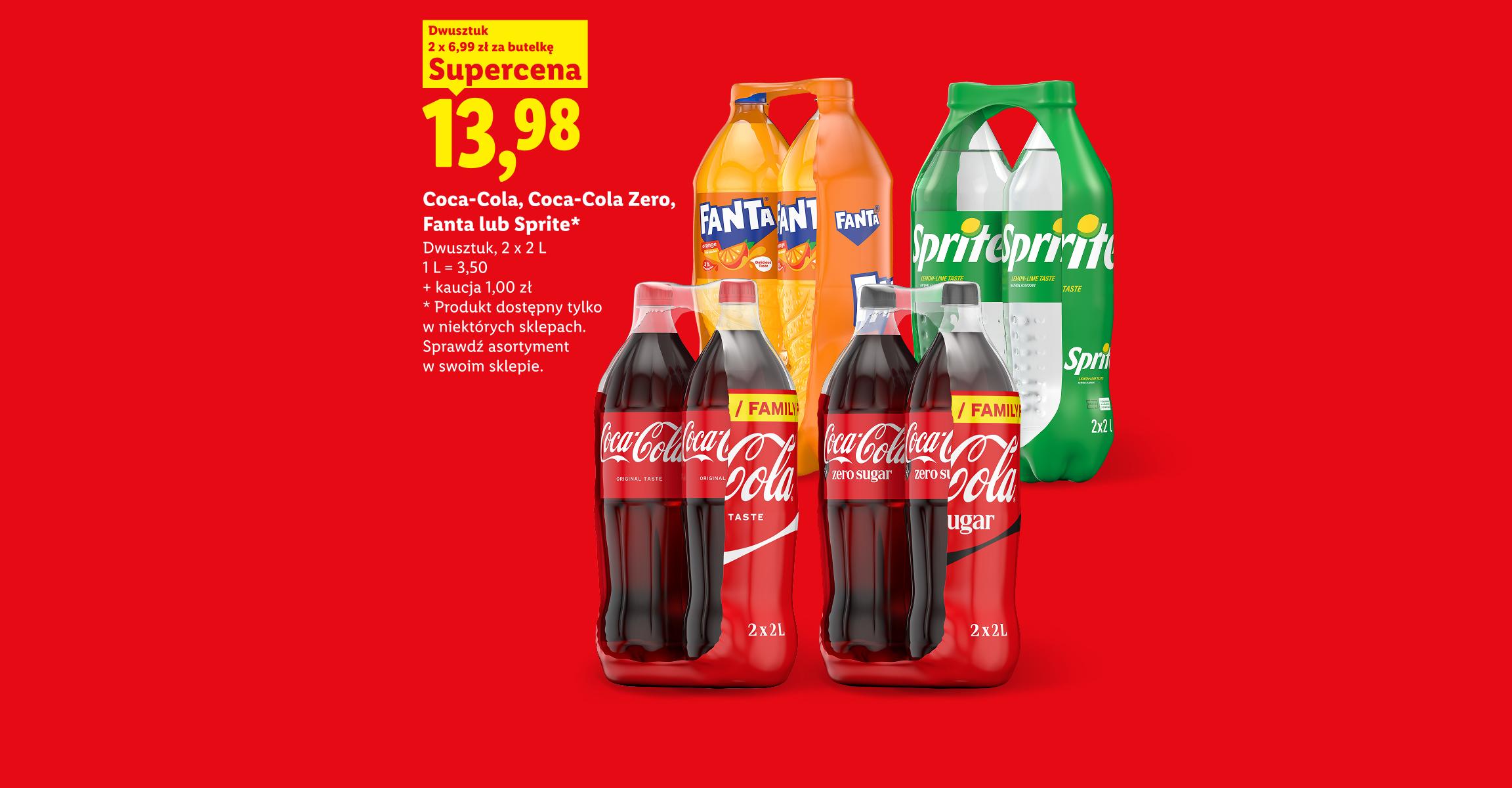 Jeszcze więcej oszczędności. Coca-Cola, Coca-Cola Zero, Fanta lub Sprite w supercenie, 13,98/dwusztuk 2x2L, 2x6,99/but. 1L=3,50. Kaucja 1zł.