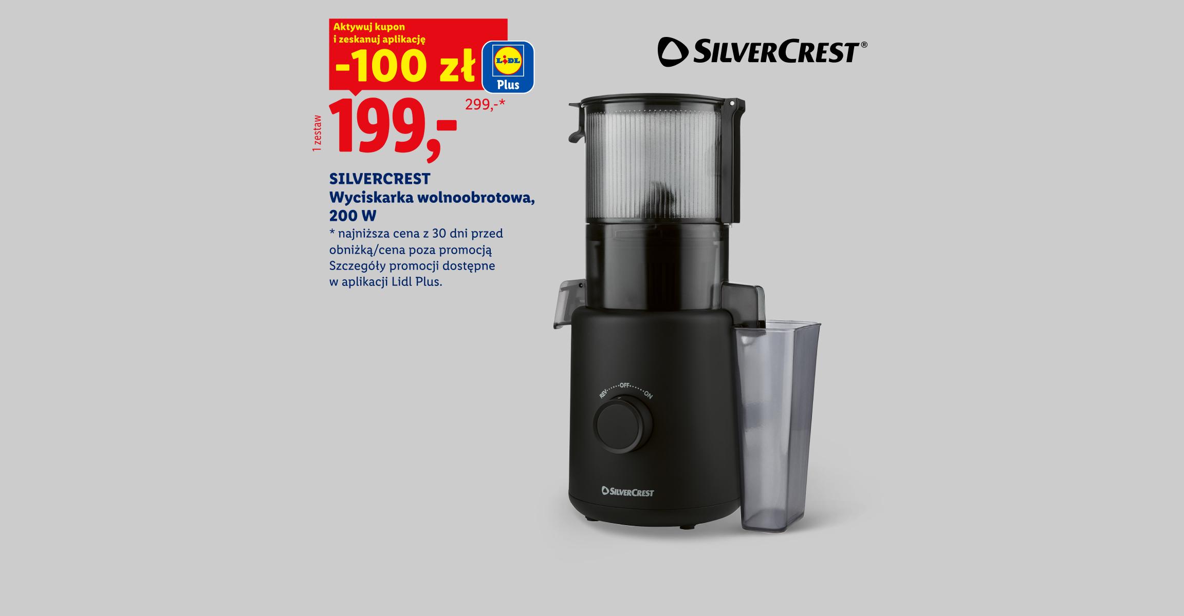 SILVERCREST Wyciskarka wolnoobrotowa 200 W z kuponem Lidl Plus -100 zł, cena 199. Najniższa cena z 30 dni przed obniżką/poza promocją 299.