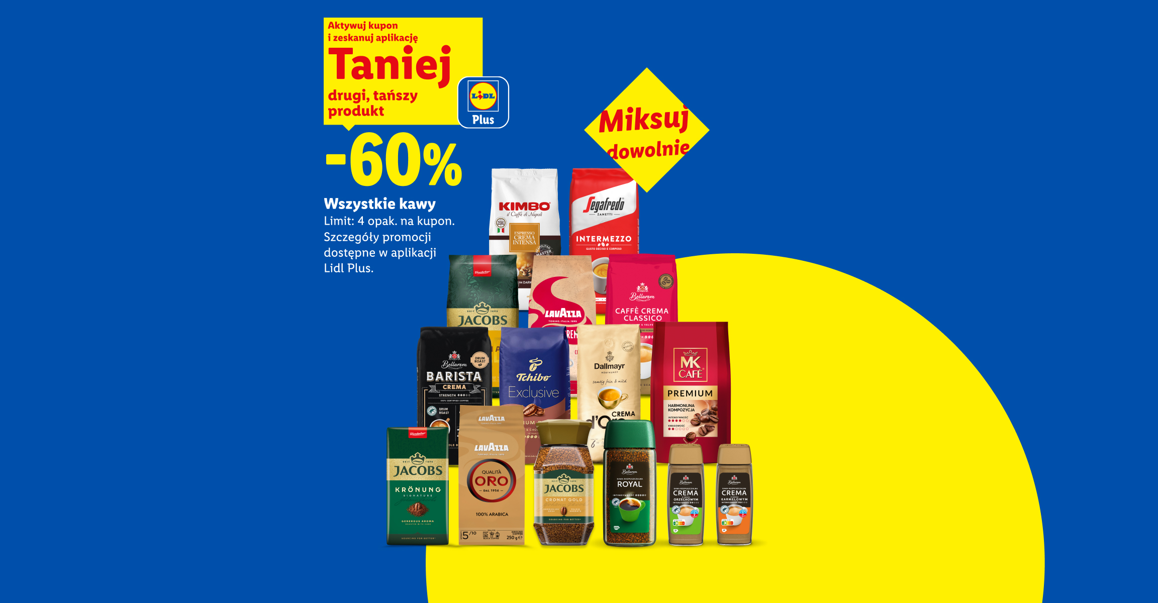 Z kuponem Lidl Plus Wszystkie kawy -60% drugi, tańszy produkt. Limit: 4 opak. na kupon. Miksuj dowolnie.