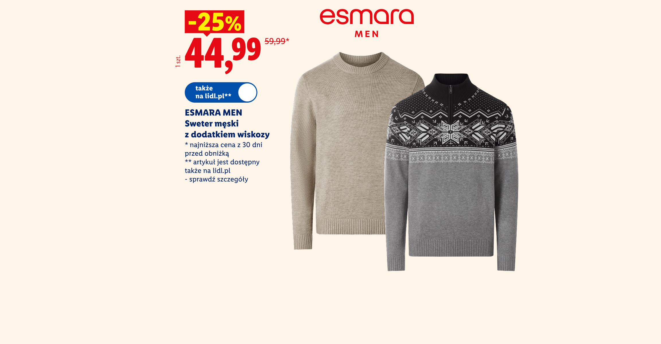 ESMARA MEN Sweter męski z dodatkiem wiskozy -25%, cena 44,99. Najniższa cena z 30 dni przed obniżką 59,99. Także na lidl.pl