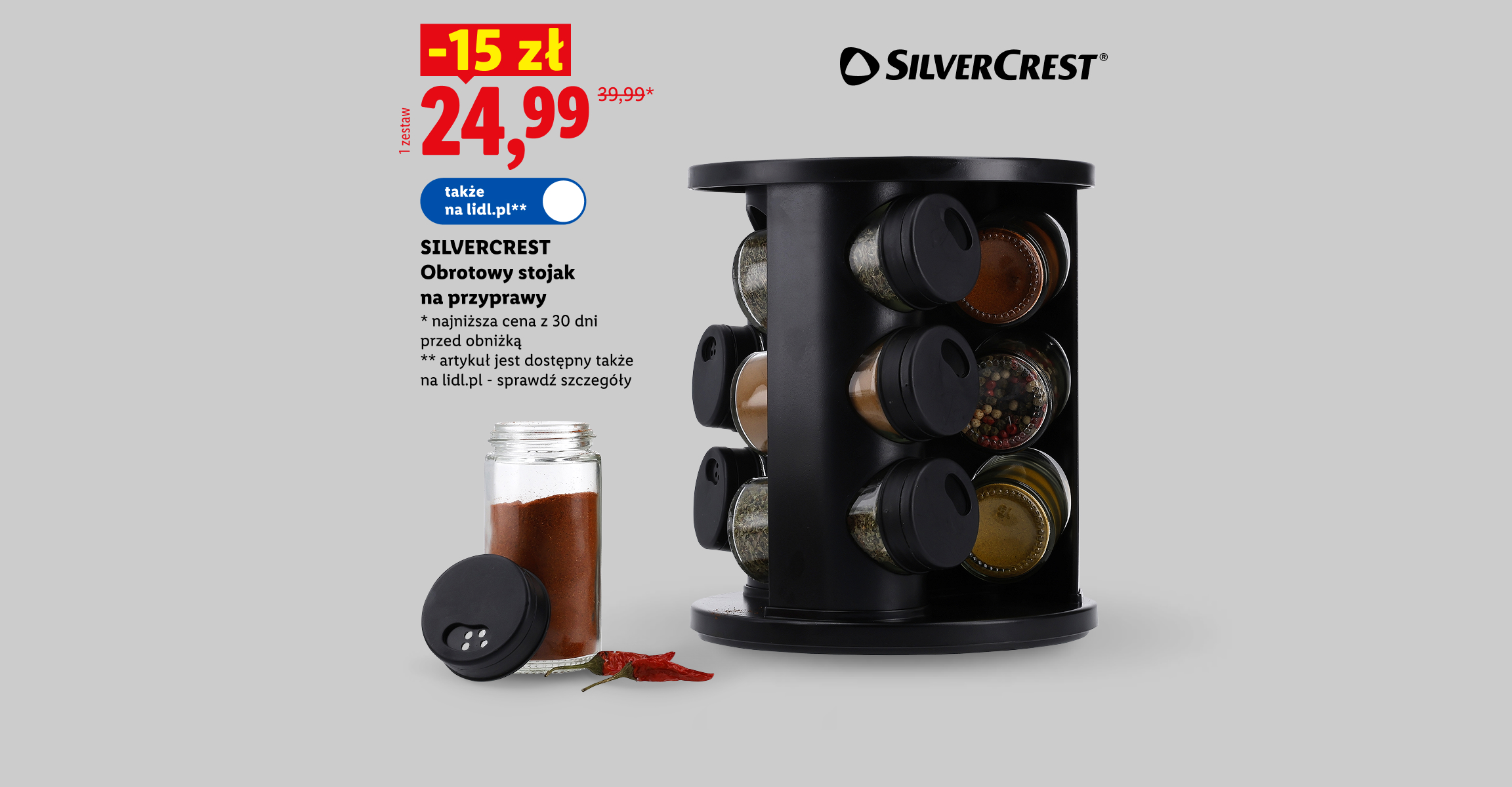SILVERCREST Obrotowy stojak na przyprawy -15 zł, cena 24,99. Najniższa cena z 30 dni przed obniżką 39,99. Grafika zmodyfikowana przez AI.