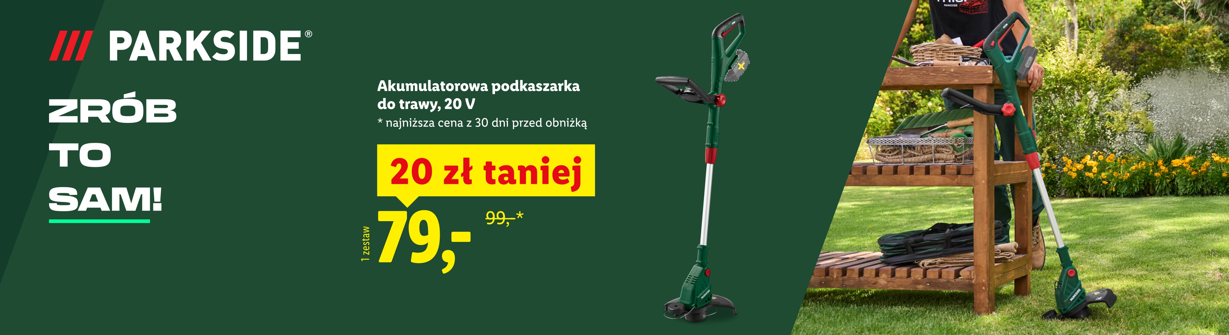 Parkside akumulatorowa podkaszarka do trawy, 20 V 20 zł taniej, 79/zestaw. Najniższa cena z 30 dni przed obniżką: 99zł.