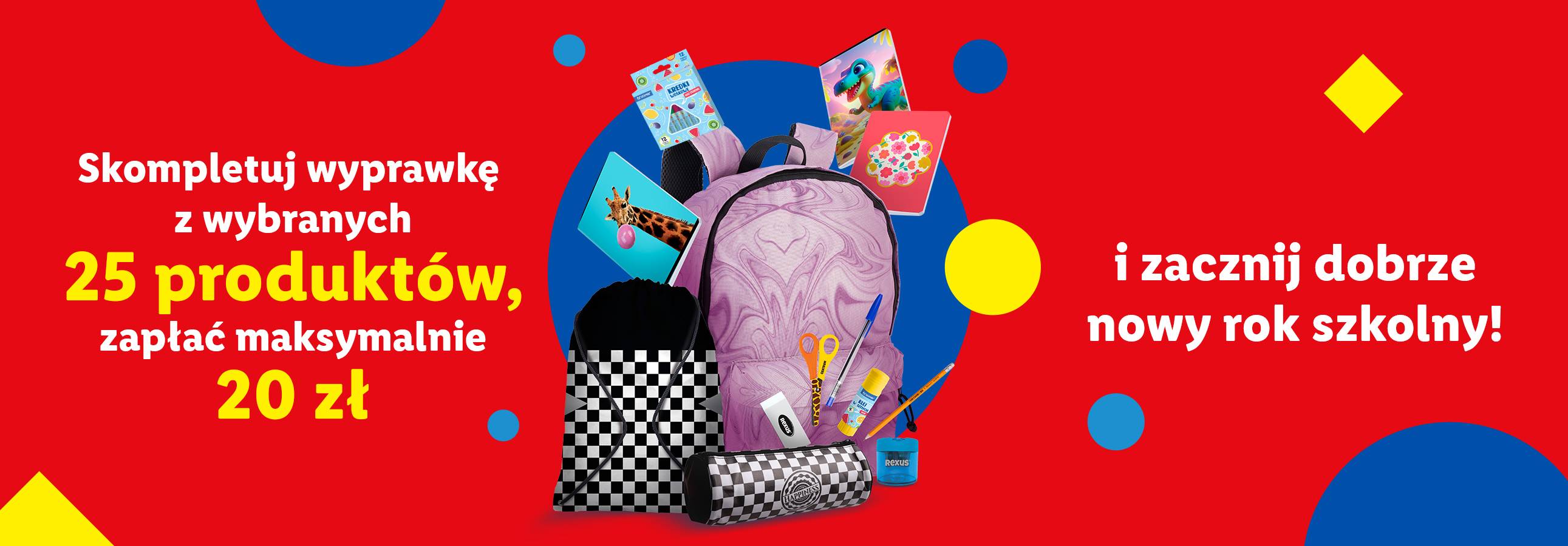 Wyprawka szkolna: plecak, piórnik, przybory Rexus, 25 produktów za 20 zł.