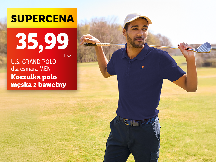 Mężczyzna w granatowej koszulce polo U.S. Grand Polo i czapce, trzymający kij golfowy, z ceną 35,99.