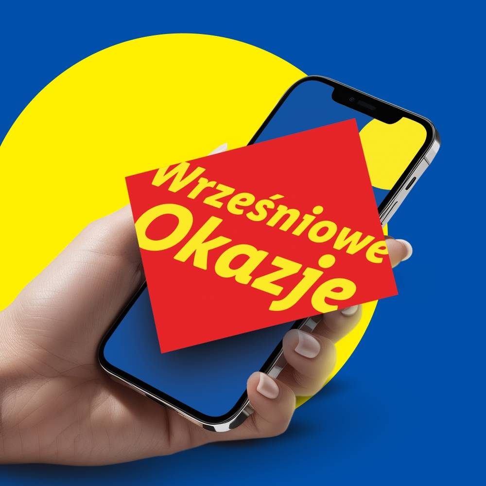 Smartfon z napisem „Wrześniowe Okazje” na tle żółto-niebieskiego logo.