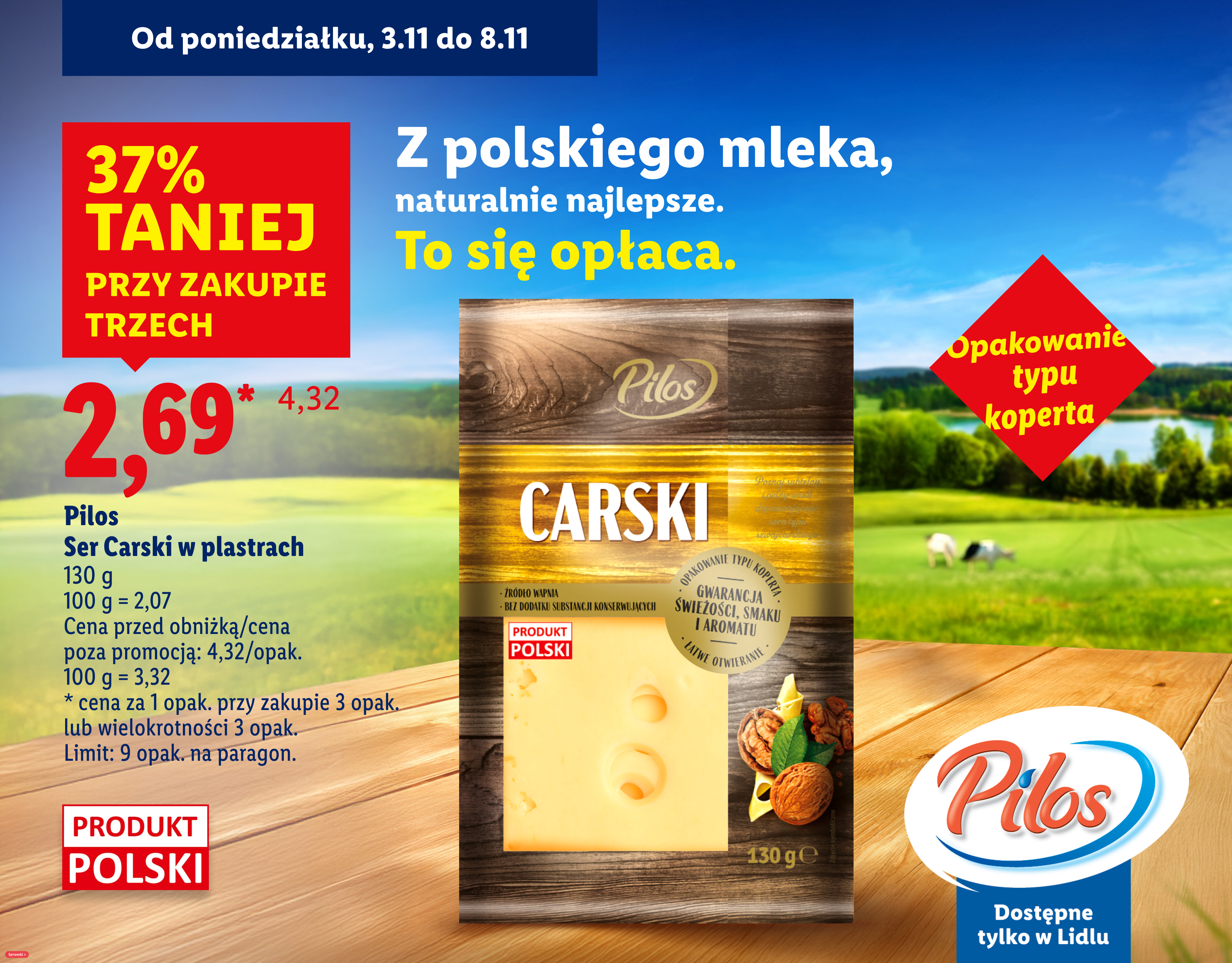 Reklama sera Pilos Carski w plastrach z polskiego mleka, z promocją 37% taniej przy zakupie trzech opakowań.