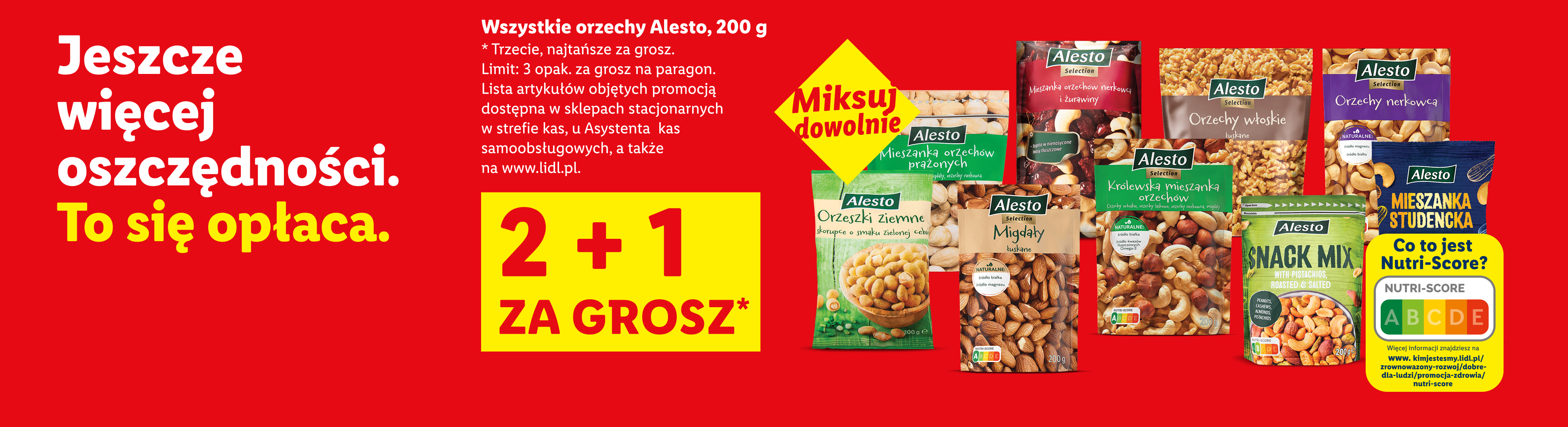 Promocja 2+1 na orzechy Alesto, w tym migdały, orzechy włoskie, nerkowca i mieszanki studenckie.
