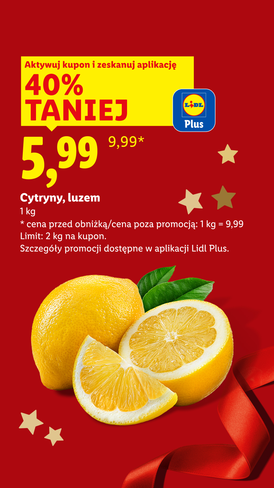 Reklama Lidla: cytryny luzem za 5,99 zł/kg z kuponem Lidl Plus, 40% taniej.