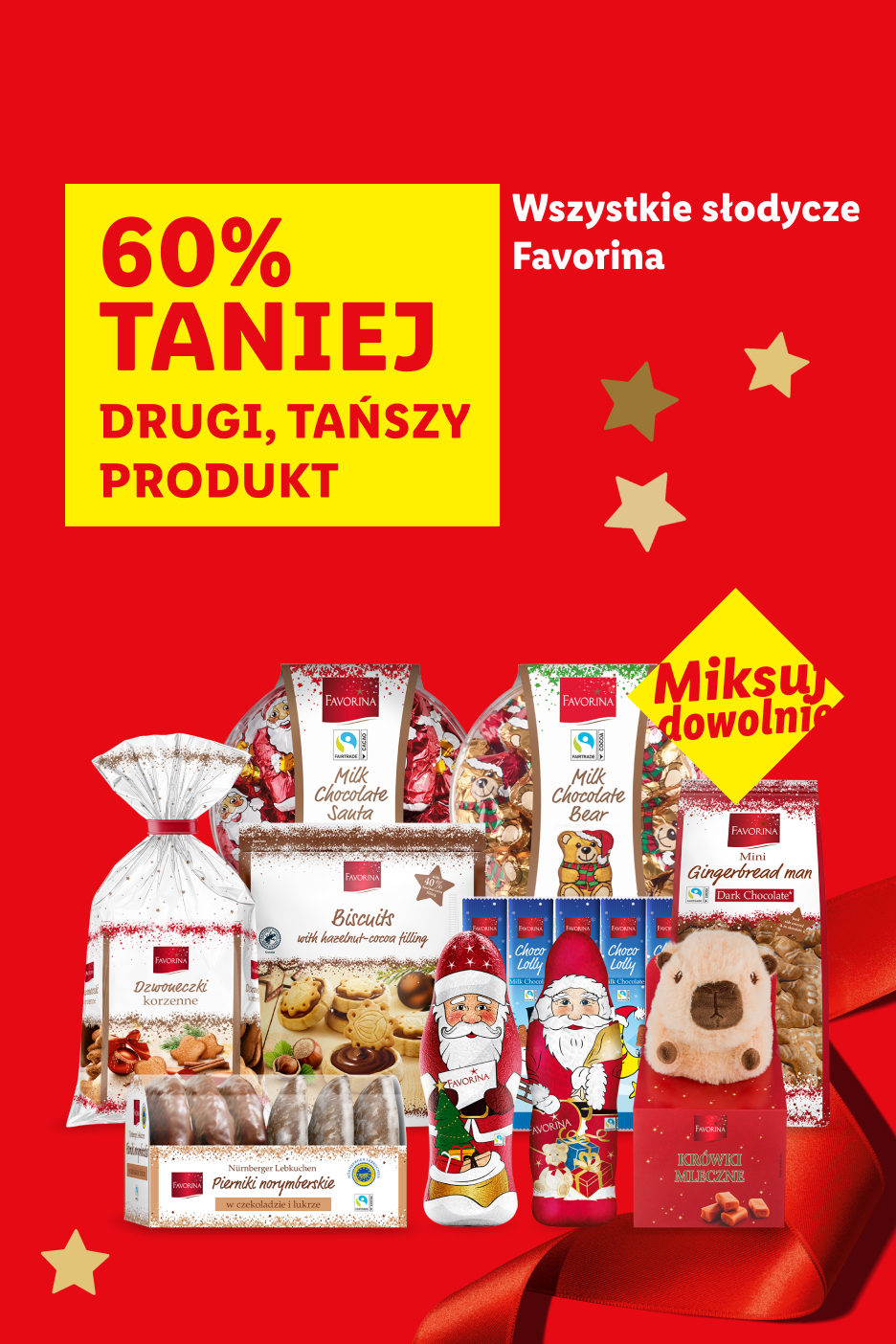 Promocja 60% taniej na drugi produkt Favorina: czekoladowe figurki, ciastka i pierniki świąteczne.