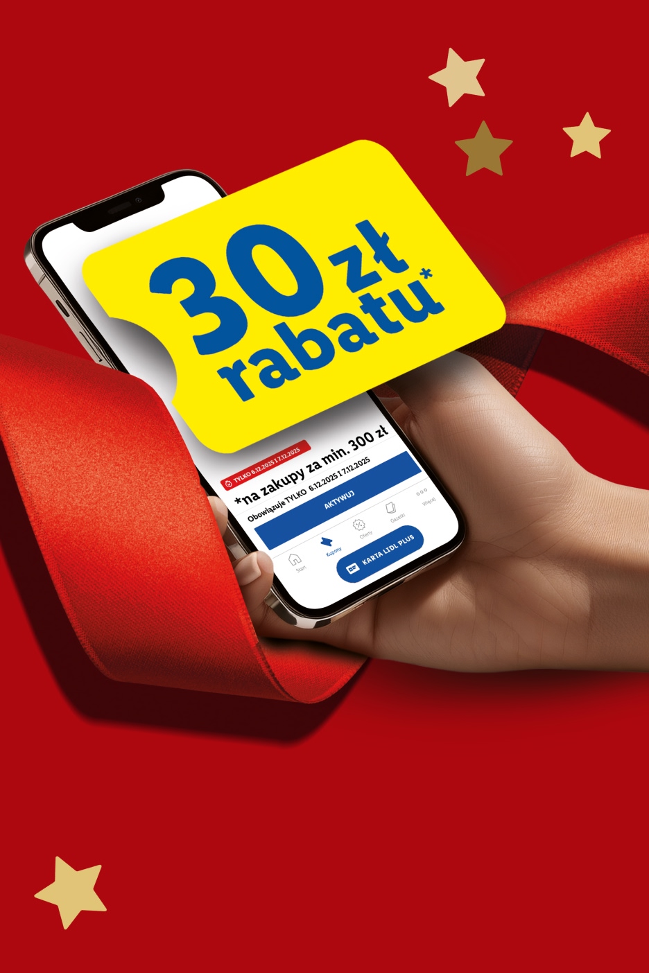 Telefon z aplikacją Lidl Plus, oferującą 30 zł rabatu na zakupy za min. 300 zł.