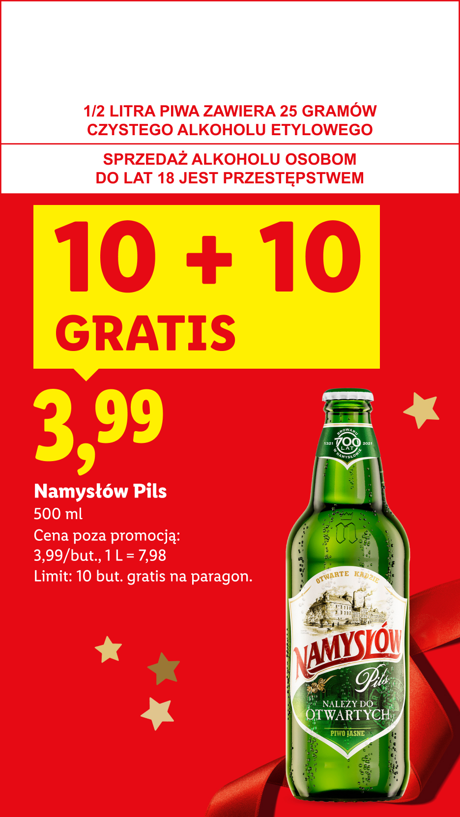 Promocja na piwo Namysłów Pils: 10+10 gratis, cena 3,99 zł za 500 ml.