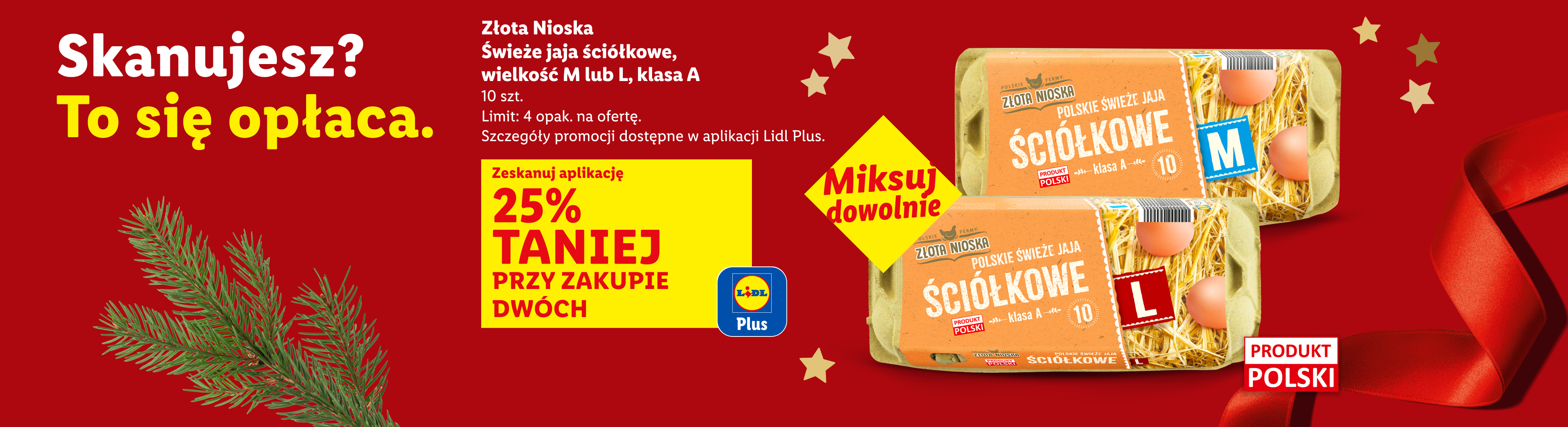 Promocja na jajka ściółkowe Złota Nioska w rozmiarach M i L, z 25% zniżką przy zakupie dwóch.