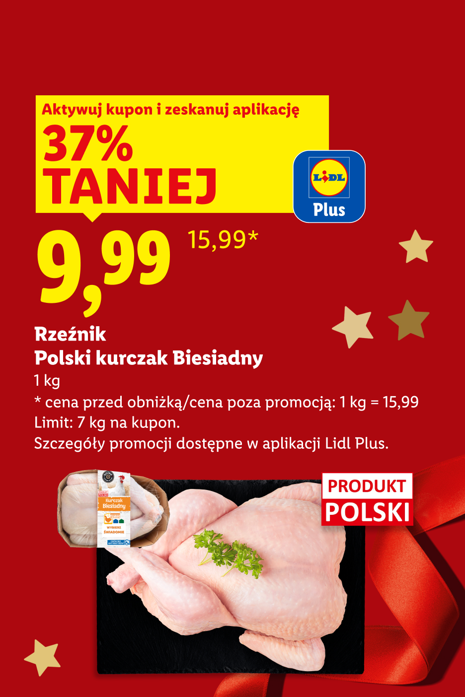 Surowy kurczak biesiadny Rzeźnik w promocji Lidl Plus, 37% taniej za 9,99 zł/kg.