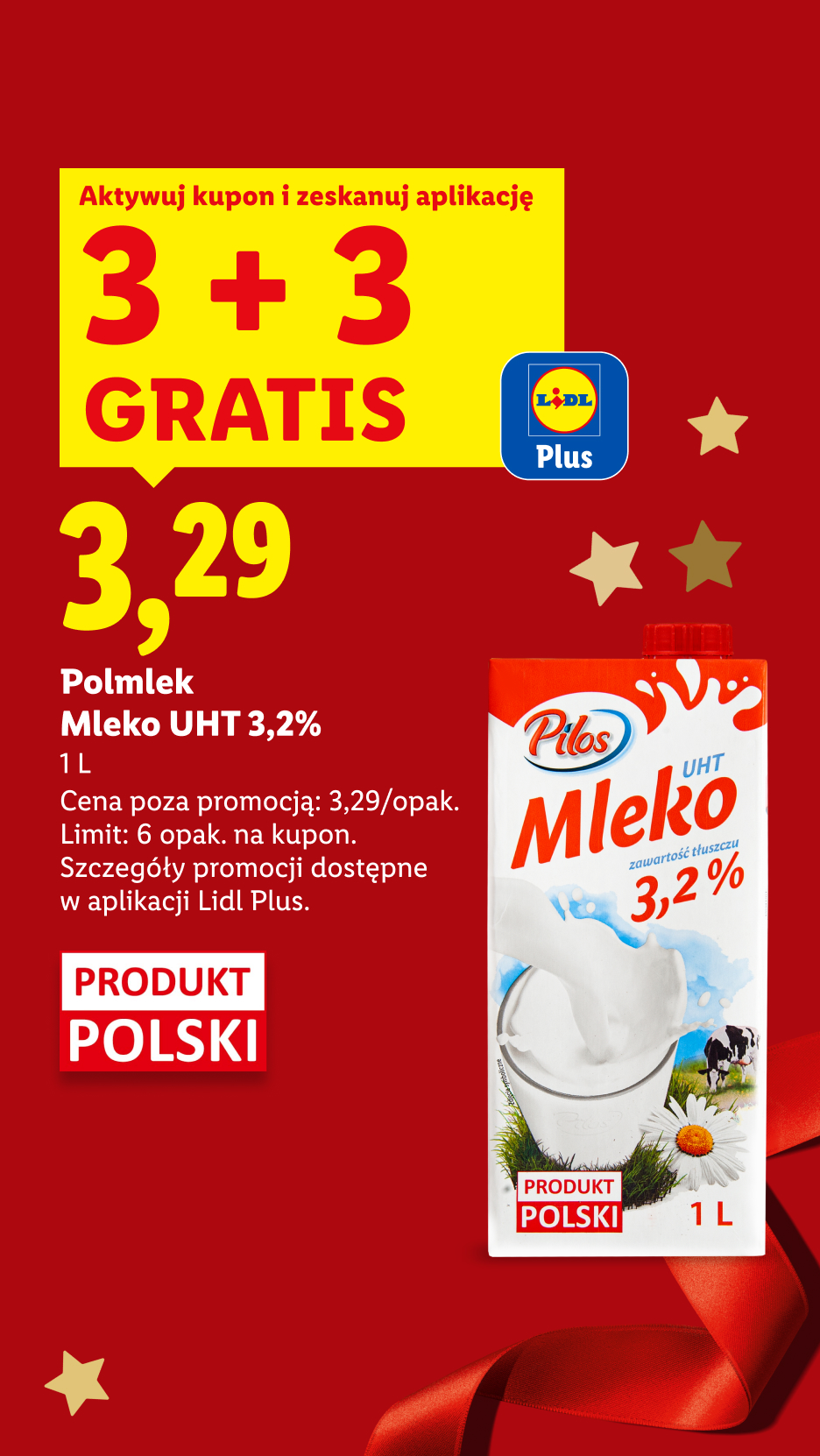 Mleko Pilos UHT 3,2% w promocji 3+3 gratis za 3,29 zł z aplikacją Lidl Plus.