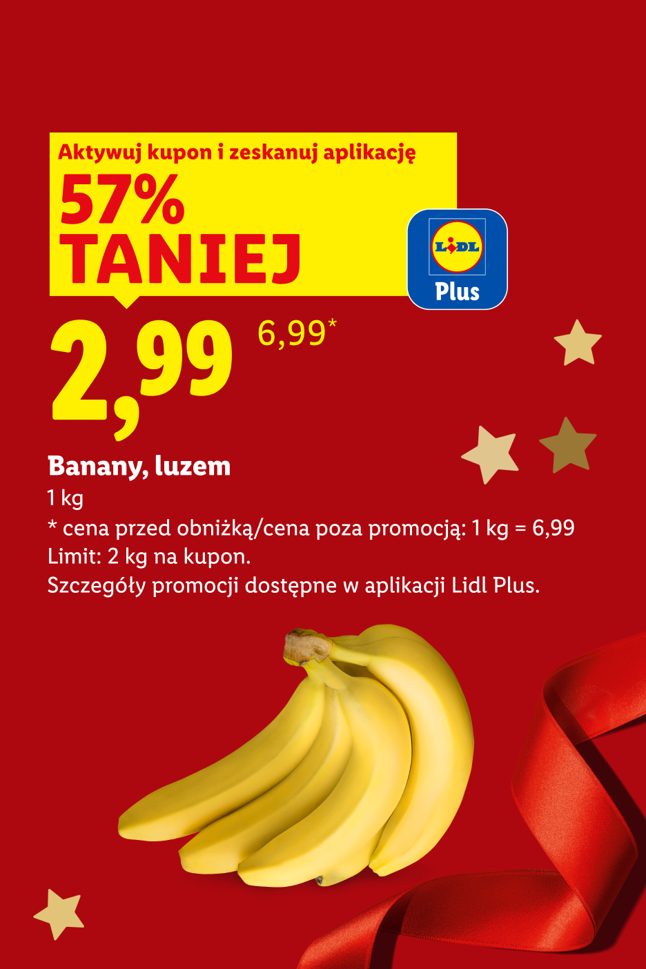 Promocja Lidl Plus: Banany luzem 1 kg za 2,99 zł, 57% taniej.