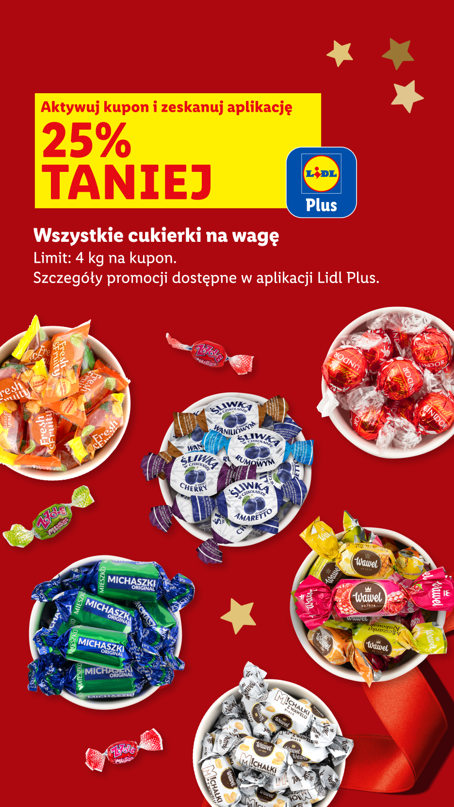 Różne cukierki na wagę, w tym Mieszko, Wawel i Lindor, z kuponem 25% taniej w Lidl Plus.