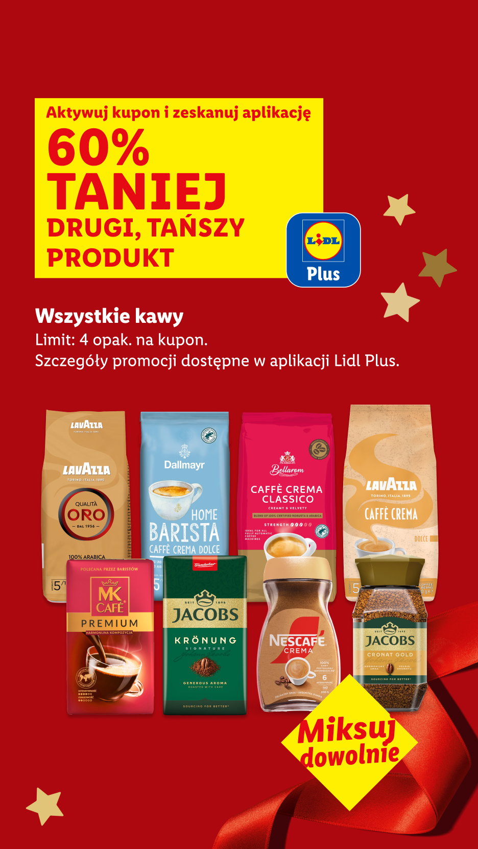Promocja Lidl Plus na kawy: 60% taniej drugi produkt, m.in. Lavazza, Jacobs, Nescafe.