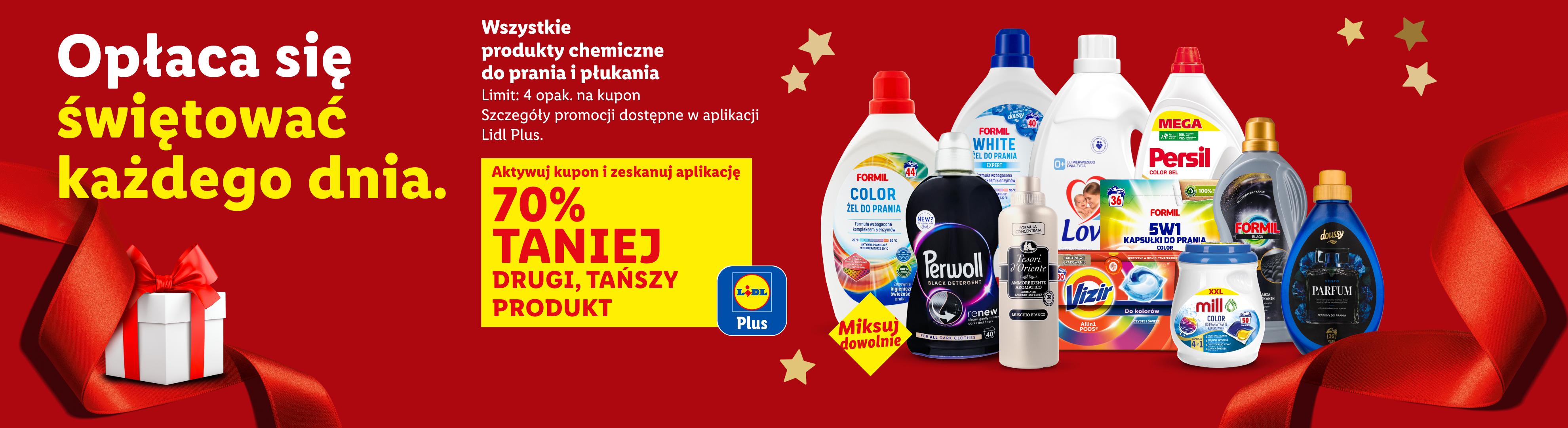 Reklama Lidla z produktami do prania i płukania, takimi jak Formil, Persil, Perwoll, Vizir, Lovela, Tesori d'Oriente, Doussy i Mill, z ofertą 70% taniej na drugi produkt.