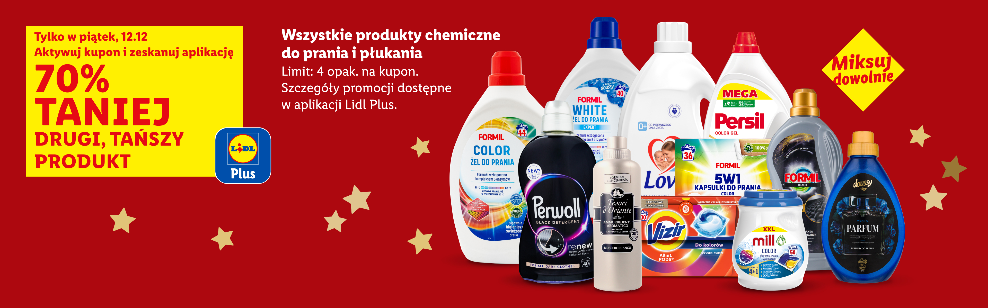Promocja na chemię do prania i płukania: 70% taniej drugi, tańszy produkt z Lidl Plus. Produkty Formil, Persil, Perwoll, Doussy.
