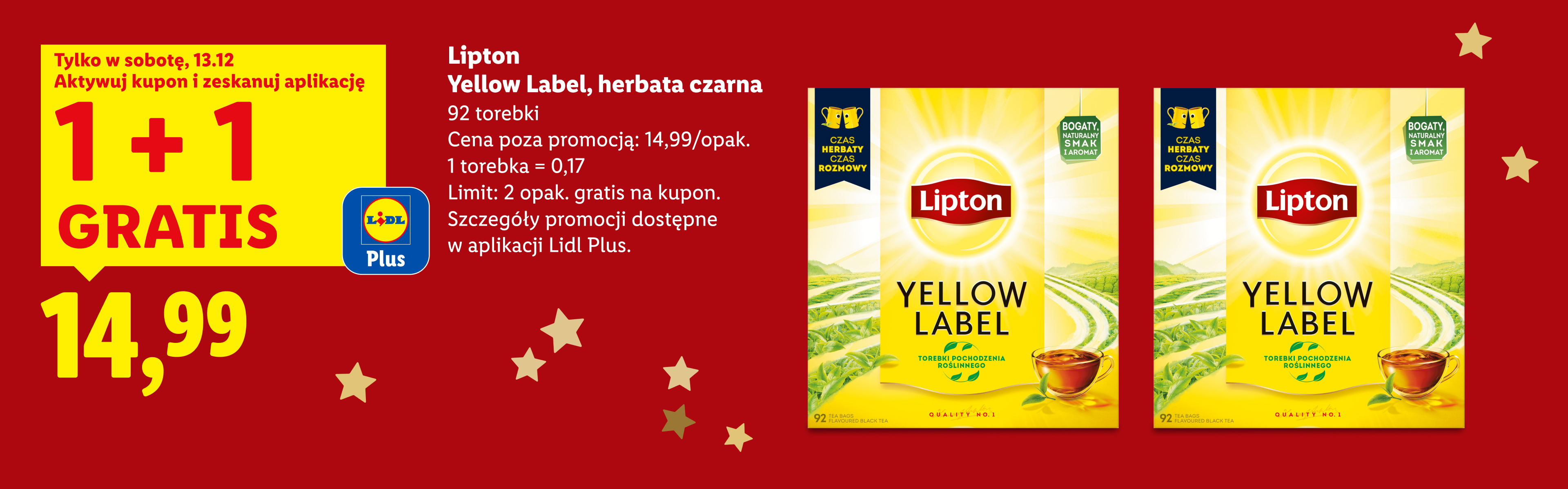 Promocja 1+1 gratis na herbatę Lipton Yellow Label (92 torebki) w Lidlu, cena 14,99 zł za opakowanie.