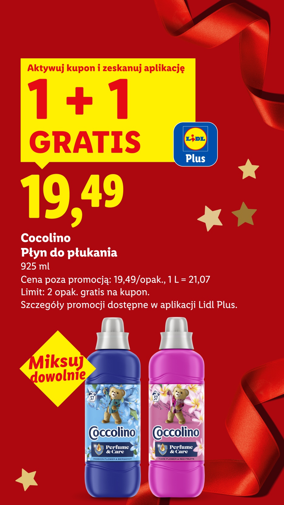 Promocja 1+1 gratis na płyn do płukania Coccolino w Lidl Plus.