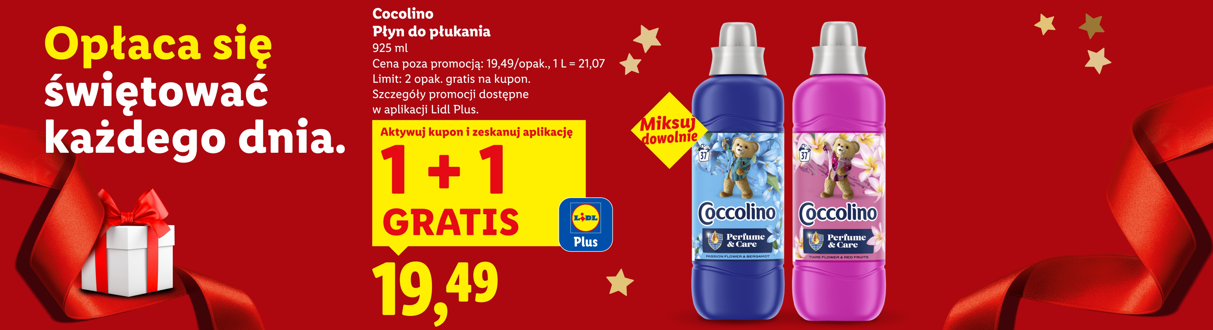 Reklama płynu do płukania Coccolino z promocją 1+1 gratis, dostępną w aplikacji Lidl Plus.