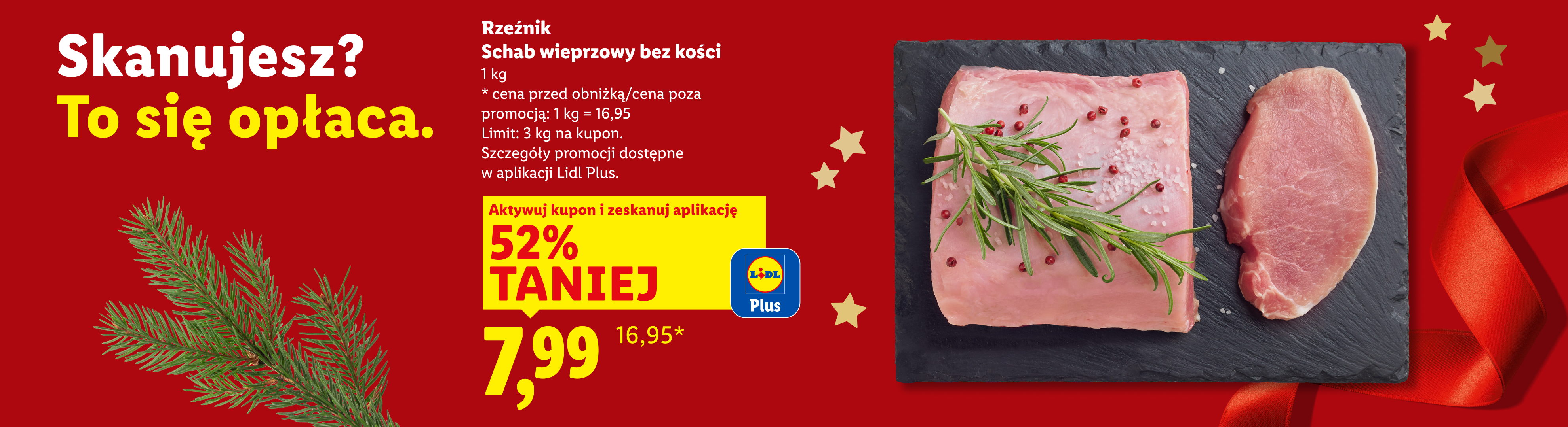 Reklama Lidla z polędwicą wieprzową, przyprawami i gałązką jodły, oferująca 52% zniżki z Lidl Plus.