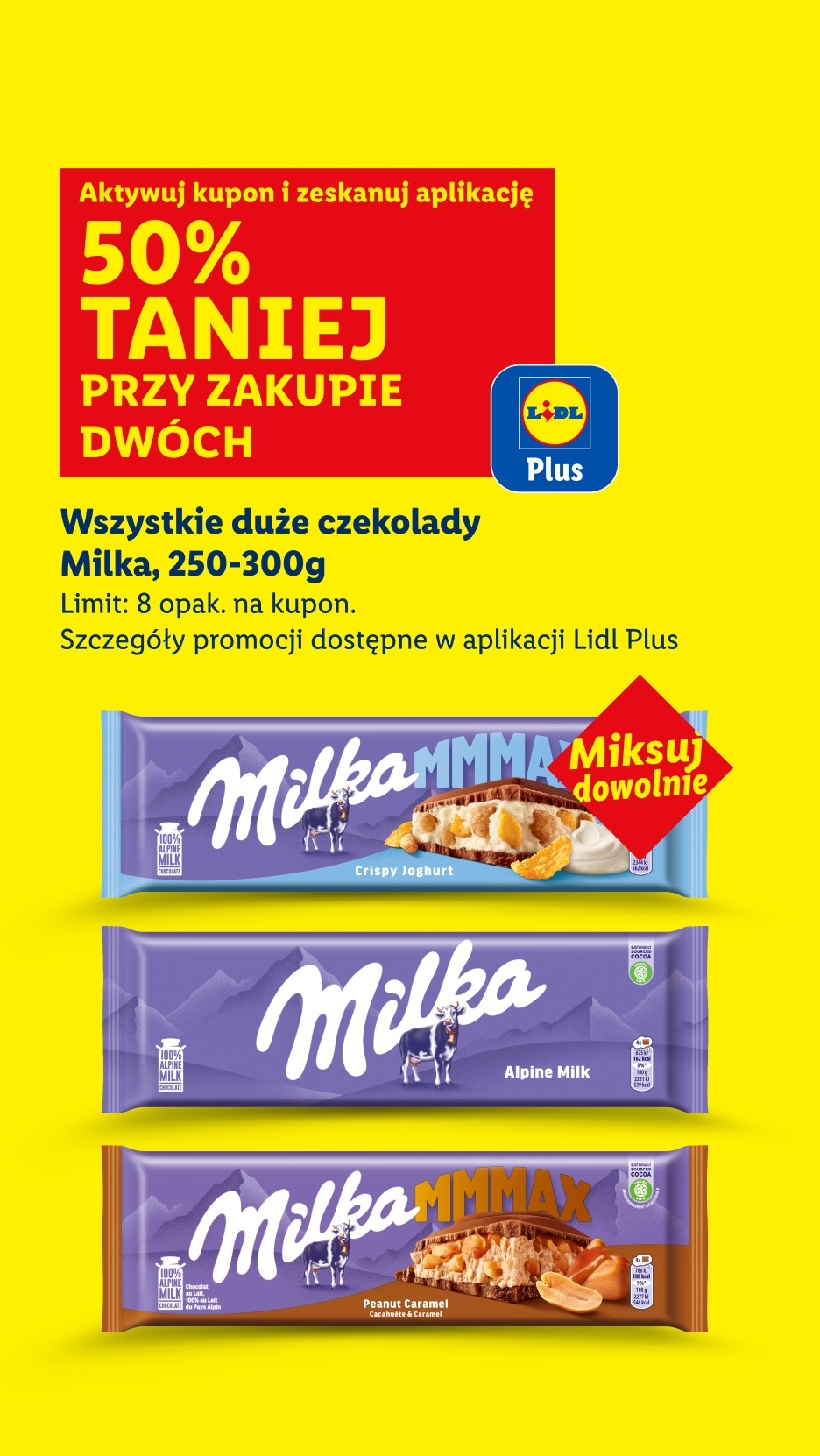 Promocja Lidl: Milka czekolady 250-300g, 50% taniej przy zakupie dwóch z kuponem Lidl Plus. Limit: 8 opak. na kupon.