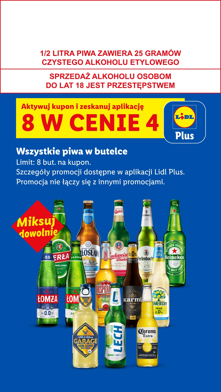 Reklama piw w butelkach z promocją 8 w cenie 4, dostępną w aplikacji Lidl Plus.