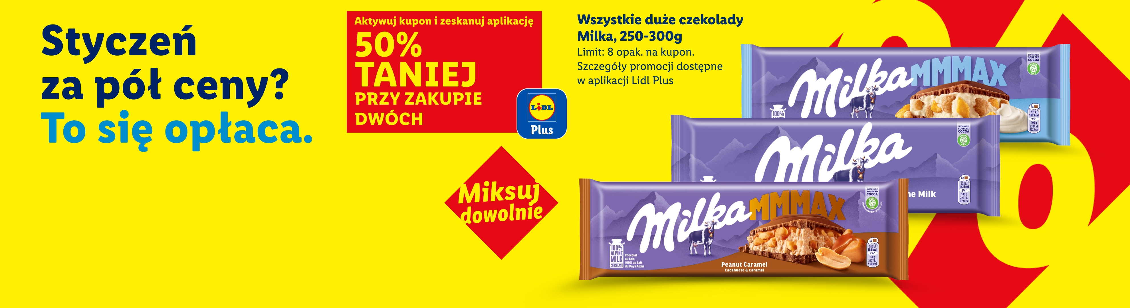 Promocja Lidl: Milka czekolady 250-300g, 50% taniej przy zakupie dwóch z kuponem Lidl Plus. Limit: 8 opak. na kupon.