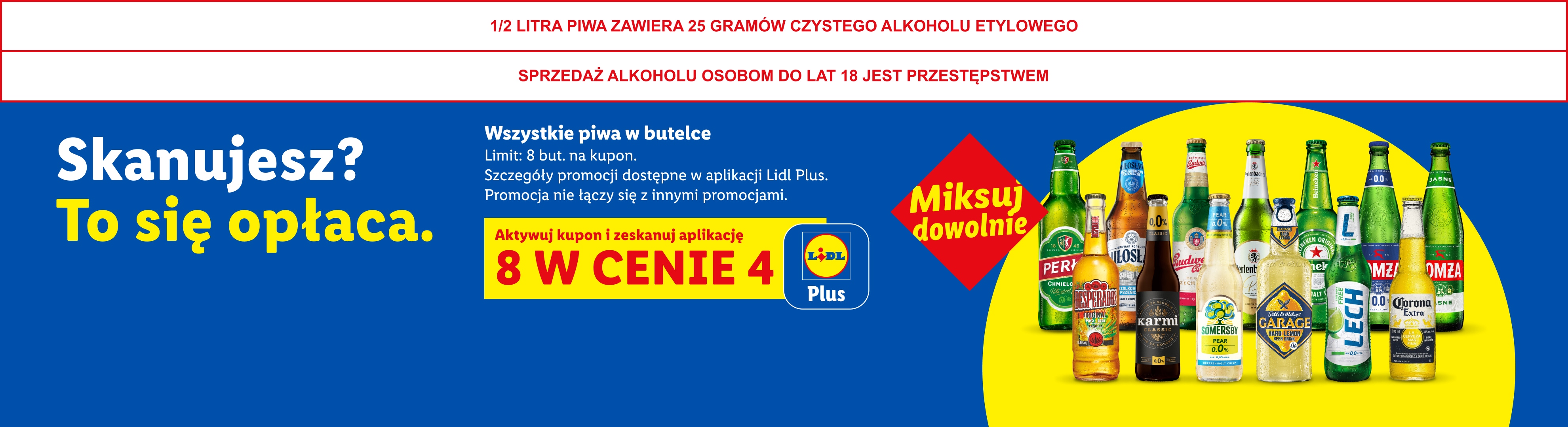 Reklama piw w butelkach z promocją 8 w cenie 4, dostępną w aplikacji Lidl Plus.