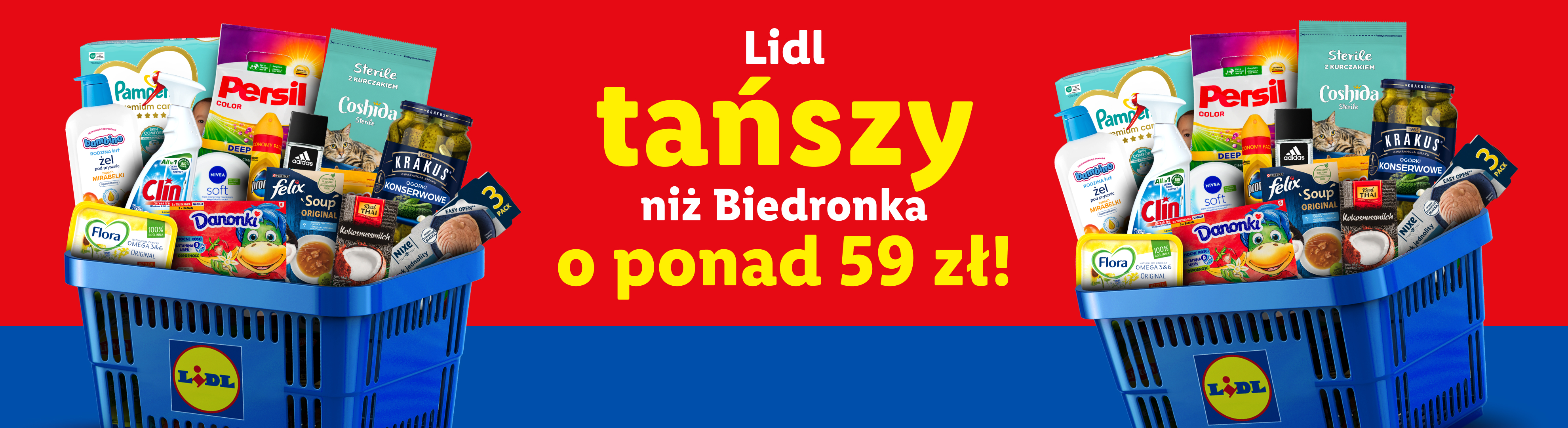 Lidl: koszyki pełne produktów, m.in. Pampers, Persil, Flora, Nivea, Clin, Danonki, Krakus, Felix. Lidl tańszy niż Biedronka o ponad 59 zł.