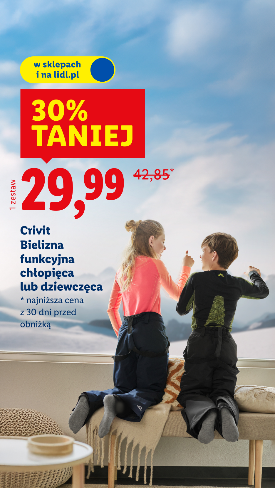 Crivit: Bielizna funkcyjna chłopięca lub dziewczęca, 30% taniej za 29,99 zł w Lidlu. Najniższa cena z 30 dni przed obniżką: 42,85. 