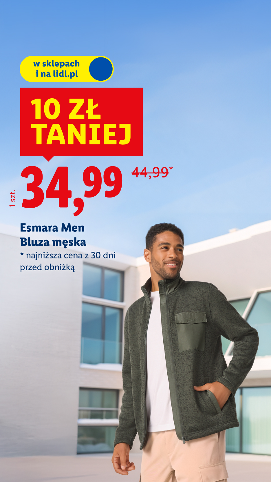 Męska bluza Esmara 10 zł taniej, 34,99. Najniższa cena z 30 dni przed obniżką: 44,99zł.  