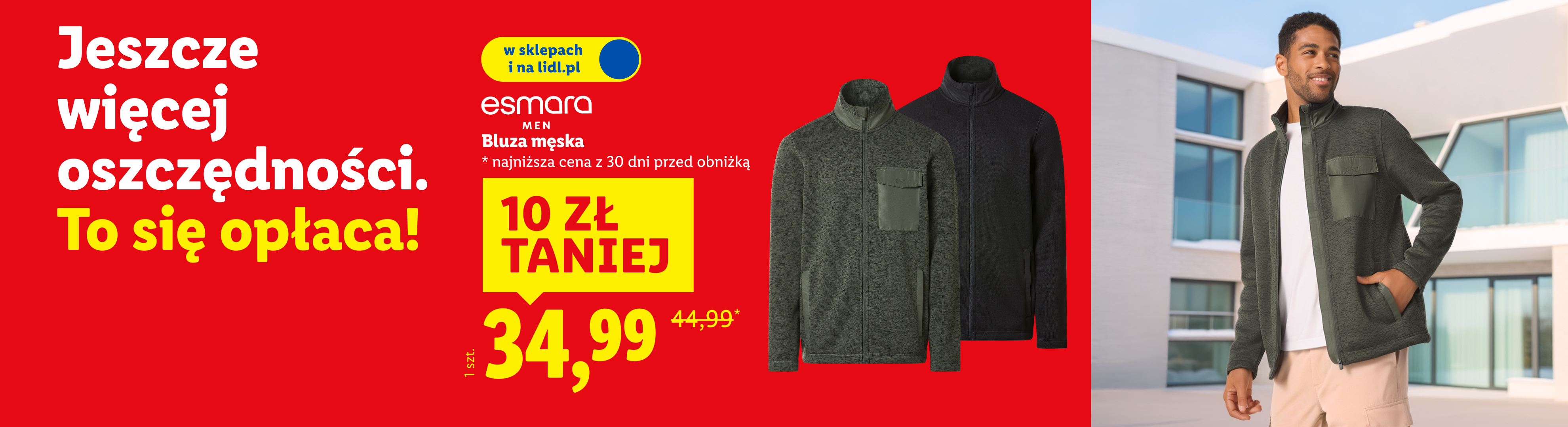 Męska bluza Esmara 10 zł taniej, 34,99. Najniższa cena z 30 dni przed obniżką: 44,99zł.  