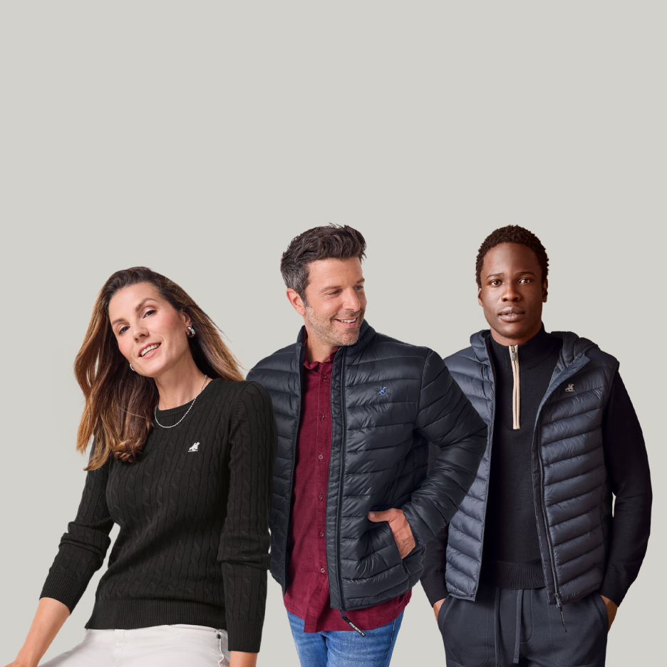 Trzy osoby w kurtkach i swetrach pikowanych Esmara i Livergy.