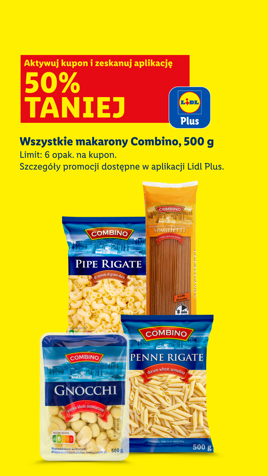 Z kuponem Lidl Plus wszystkie makarony Combino 500g 50% taniej. Limit: 6 opak. na kupon.
