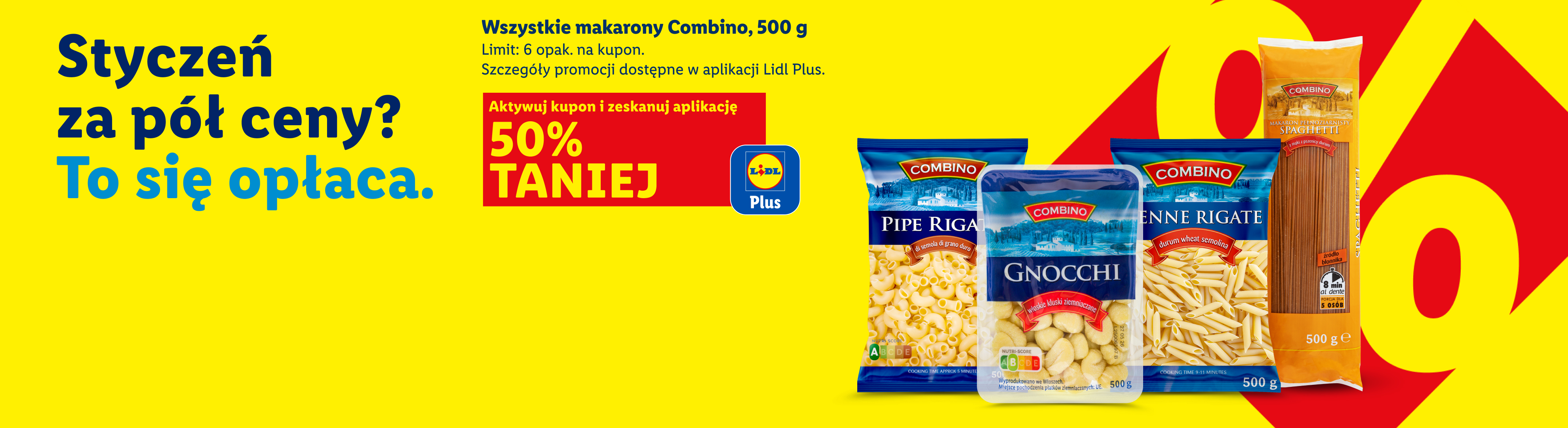 Z kuponem Lidl Plus wszystkie makarony Combino 500g 50% taniej. Limit: 6 opak. na kupon.