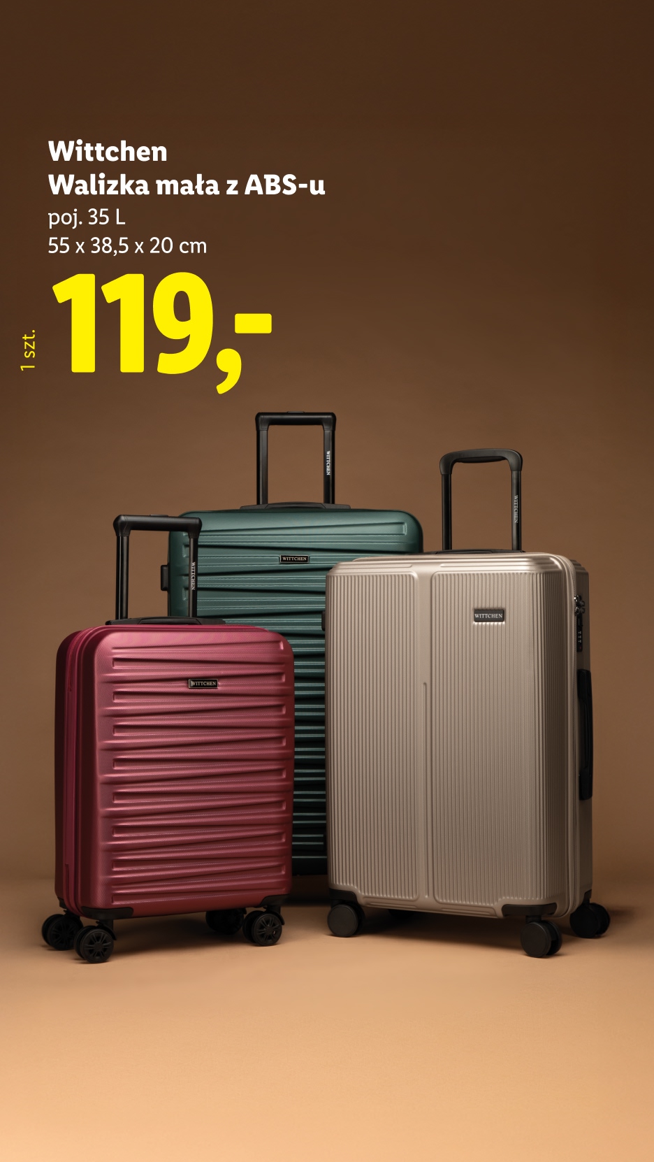 Trzy walizki Wittchen w kolorach bordowym, zielonym i beżowym, z ceną 119 zł.