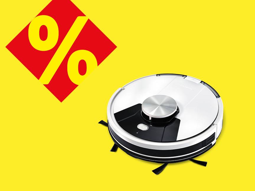 Robot odkurzający na żółtym tle z czerwonym symbolem procentu.