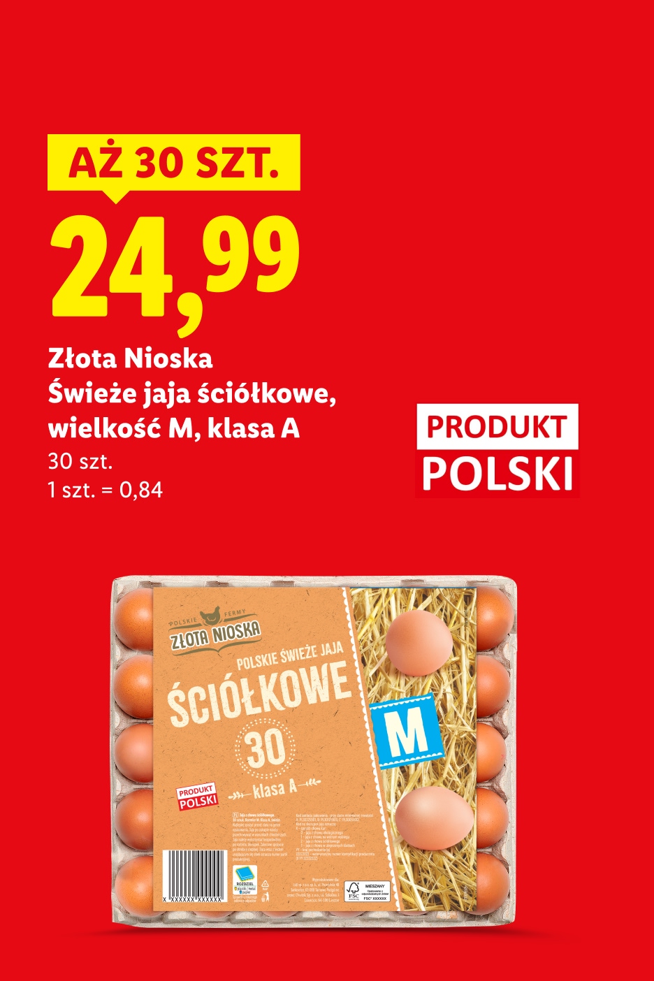 Złota Nioska świeże jaja ściółkowe, wielkość M, klasa A aż 30 szt. za 24,99. 1 szt. = 0,84. 