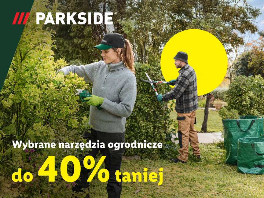 Kobieta i mężczyzna przycinają krzewy, obok tekst: Wybrane narzędzia ogrodnicze do 40% taniej.