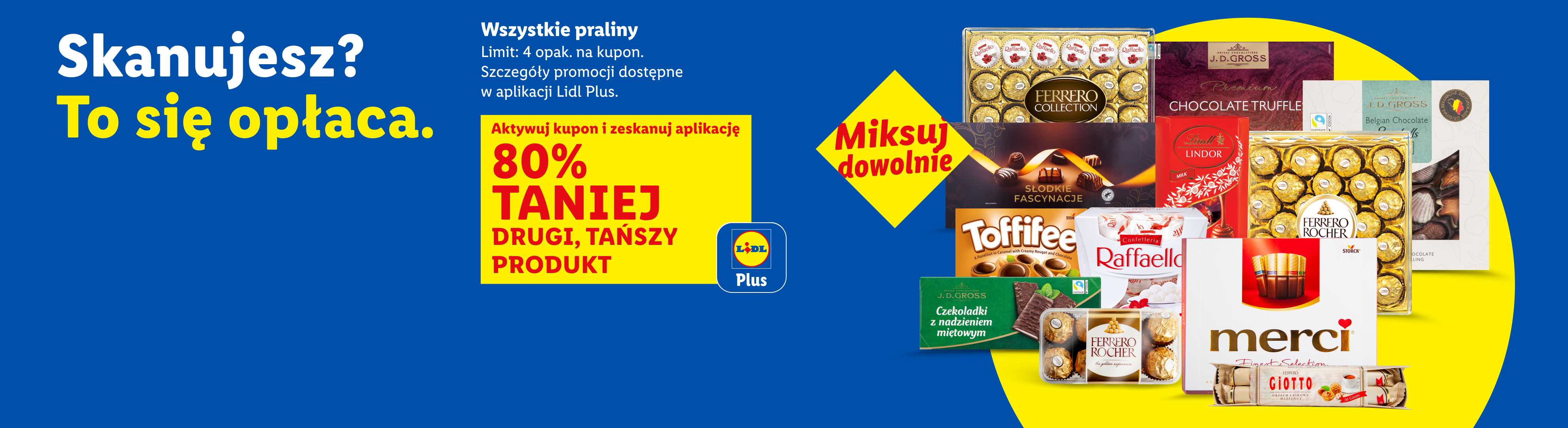Z kuponem Lidl Plus wszystkie praliny 80% taniej drugi, tańszy produkt. Limit: 4 opak. na kupon. Szczegóły w aplikacji Lidl Plus.